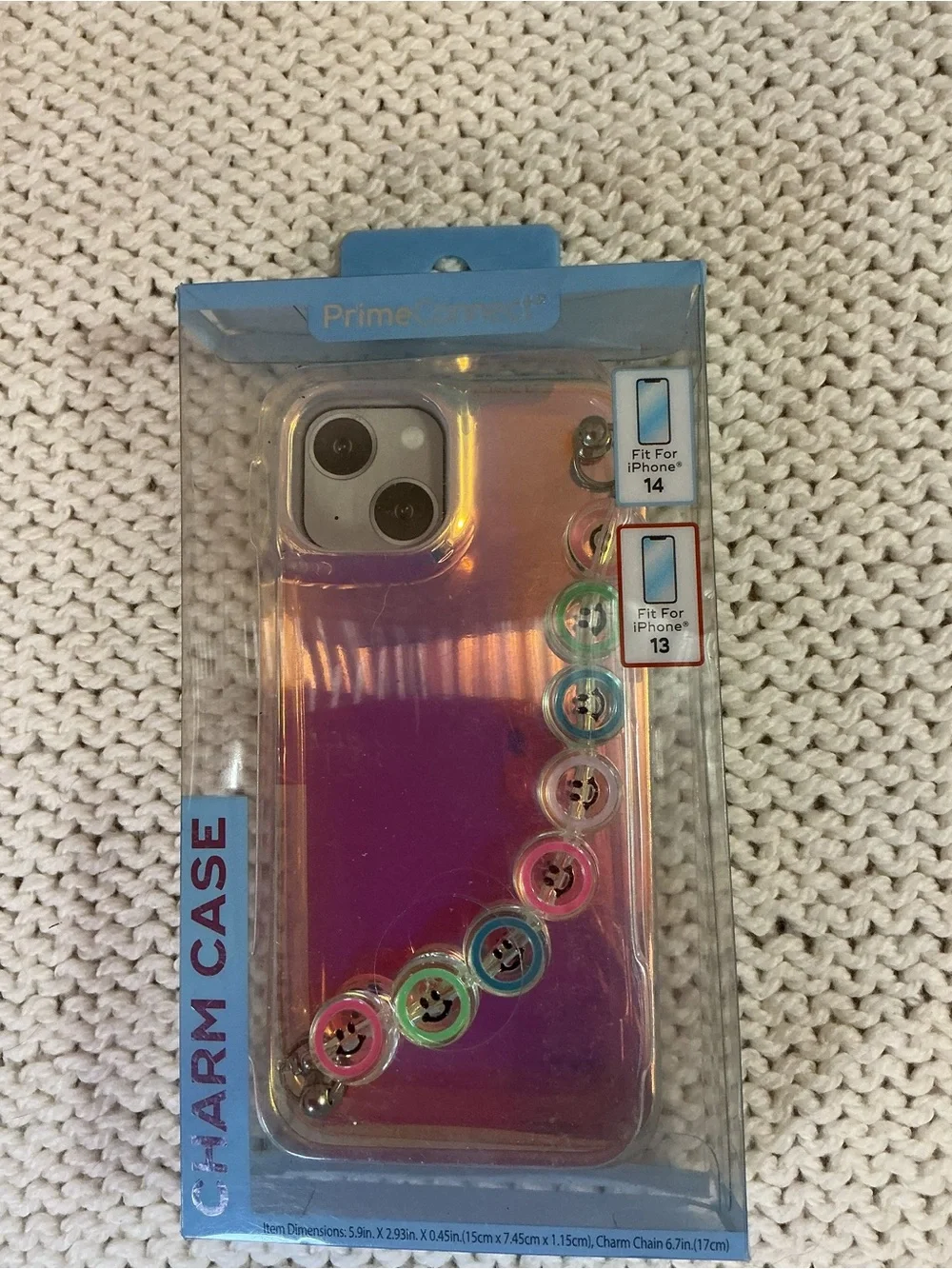 Iridescent Pink-Purple Charm Phone Case with Smiley Chain - Fits iPhone 13/14